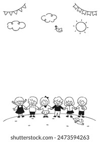 Illustration of children holding hands outdoors.