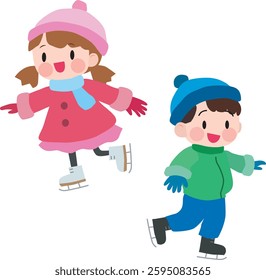 Illustration of children ice skating. Figure skating.  Cute, fun. Vector illustration.