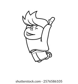 illustration of children jumping for joy, cartoon, black and white, good for children's coloring teaching materials, visual elements, vector format