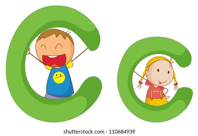 Illustration of children in a letter of alphabet