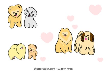 Illustration for children. Lovely fluffy dogs of different breeds. Decorative breeds of dogs. Spitz, Shih Tzu and Maltese lapdog on the background of pink hearts.