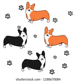 Illustration for children. Lovely pattern. Dogs breed welsh corgi on a background of cute paw prints. 4 Funny muzzles.