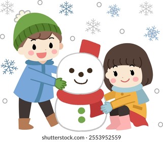 Illustration of children making a snowman on a winter day