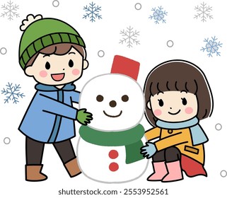 Illustration of children making a snowman on a winter day