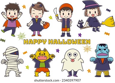 Illustration of children and monsters in Halloween costumes