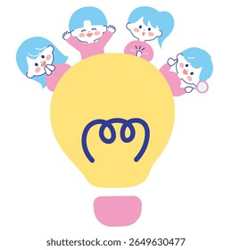 Illustration of children peeking out of a light bulb - Realization, understanding, discovery