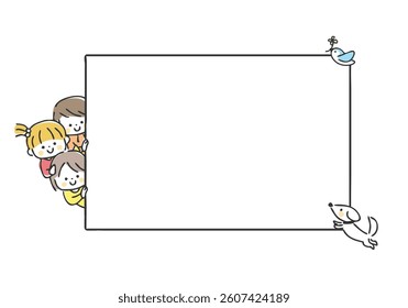 Illustration of children peeking from the side of a message board.