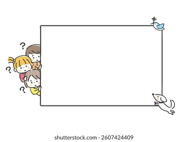 Illustration of children peeking from the side of a message board.