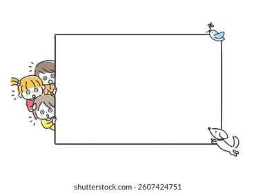 Illustration of children peeking from the side of a message board.
