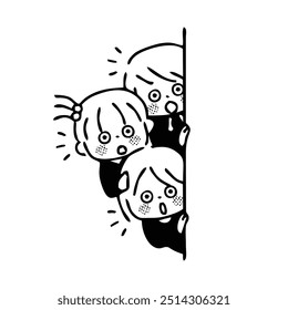 Illustration of children peeking through the wall.