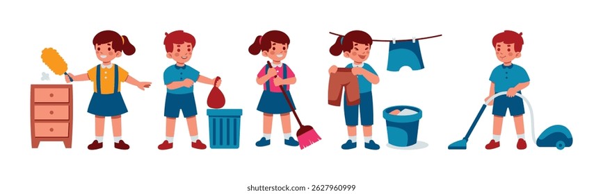 Ilustração de crianças que realizam tarefas domésticas. Menino bonito e meninas fazendo trabalho doméstico, limpeza, limpeza, aspiração, e manuseio de lixo.