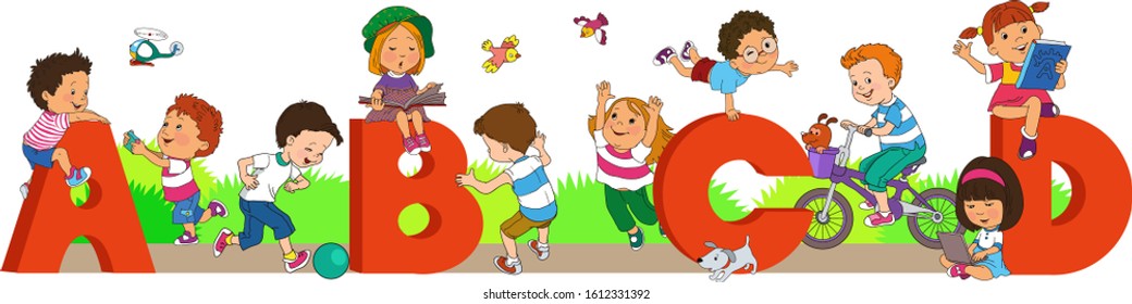 Illustration of children playing among the letters of the alphabet