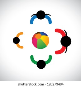 Illustration of children playing with beach ball. This colorful graphic contains kids(girls and boys) playing together in their leisure time & having fun and good time