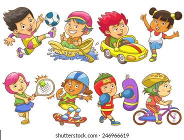 illustration of children playing different sports. EPS 10 simple Gradients