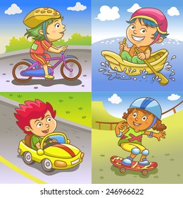 illustration of children playing different sports. EPS 10 simple Gradients