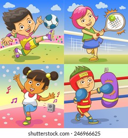 illustration of children playing different sports. EPS10  simple Gradients
