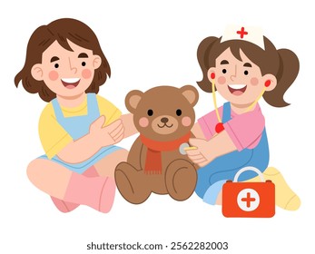 Illustration of children playing doctor with teddy bears