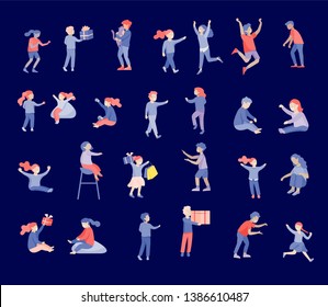 Illustration of children playing and doing activities, kids with gadgets, running, jumping and with bags and gift