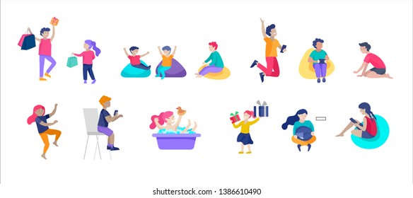 Illustration of children playing and doing activities, kids with gadgets, running, jumping and with bags and gift