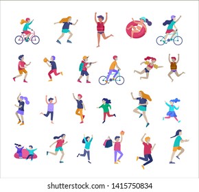 Ilustración de niños jugando y haciendo actividades, niños felices con gadgets, corriendo, saltando y con bolsas y regalos, montando una bicicleta, nadando, jugando al balón