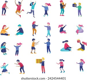 Illustration of children playing and doing activities, kids with gadgets, running, jumping and with bags and gift