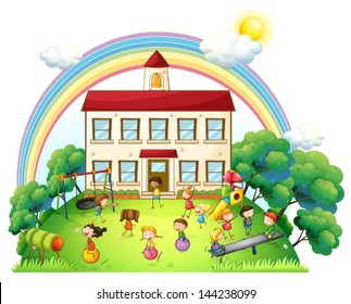 Illustration of the children playing in front of the school on a white background