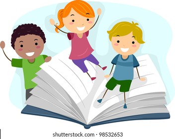 Illustration of Children Playing with a Giant Book