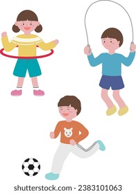 Illustration of children playing hula hoop, jumping rope, and soccer