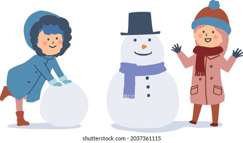 Illustration of children playing with making a snowman