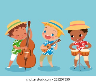 illustration of children playing music instrument in hawaii shirt. boy playing bongo drum. boy playing ukulele. boy playing double bass.