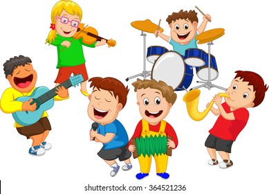 Illustration of children playing music instrument