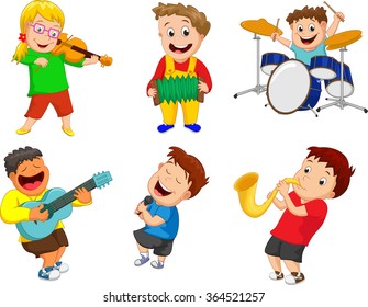 Illustration of children playing music instrument