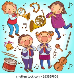 Illustration of Children playing Musical instruments. SET. Children illustration for School books, pictures book, magazines, advertising and more. Separate Objects. VECTOR.