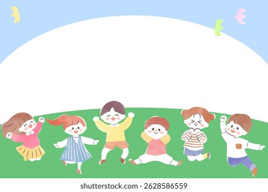 Illustration of children playing outside, frame, background, blue sky, watercolor, Scandinavian