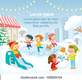 Illustration, children playing outside, winter background