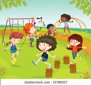 Illustration of Children Playing in Park on colorful background