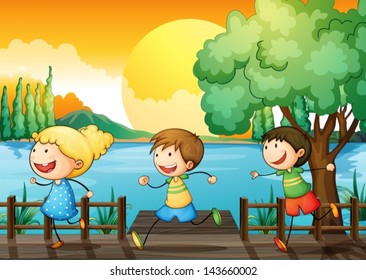 Ilustración de los niños jugando en el río