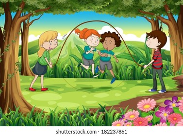 Illustration of the children playing with the rope at the jungle