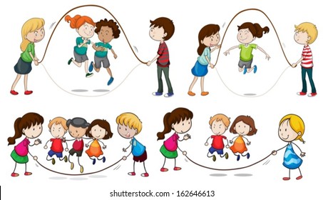 Illustration of the children playing skipping rope on a white background