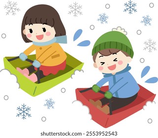 Illustration of children playing sledding in the winter snow