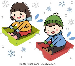 Illustration of children playing sledding in the winter snow