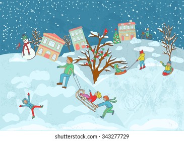 Illustration of a children playing in a snow with a a sled. father playing with children, with a snowman and winter birds on a background.