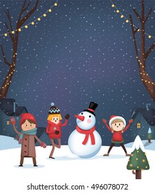 Illustration of children playing with a snowman in a snowy night of winter. 

