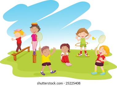 an illustration of children playing sport in the park