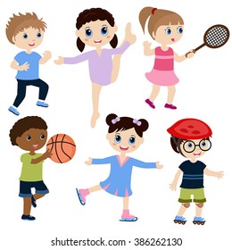 Illustration of children playing sports. Isolated on white background.