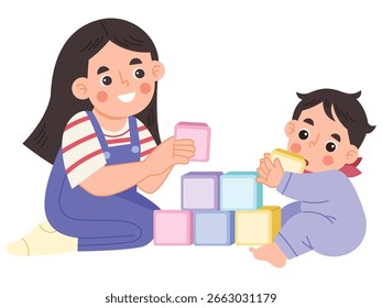 Illustration von Kindern, die mit Stapelblöcken spielen