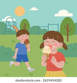 Illustration of children playing while eating ice cream in the summer playground park