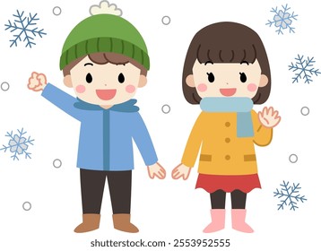 Illustration of children posing in the winter snow