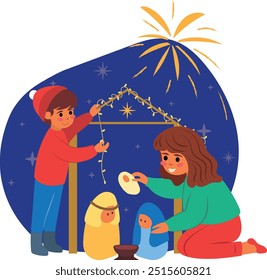 illustration children putting the christmas nativity