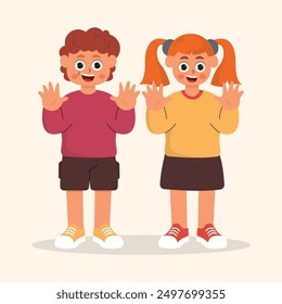 illustration of children raising their hands, flat illustration character